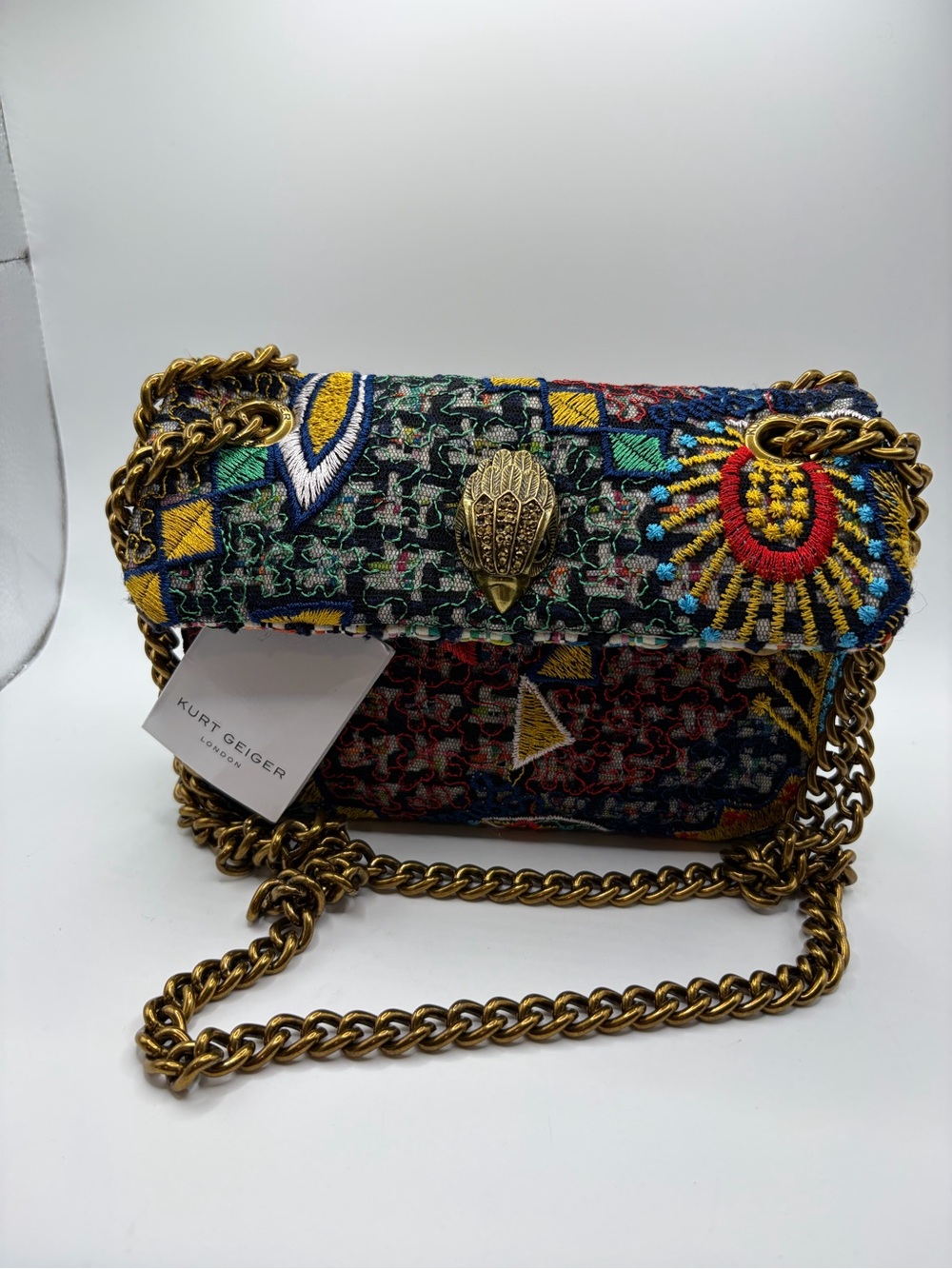 Kurt Geiger Multicolor Embroidered Crossbody with Gold Chain